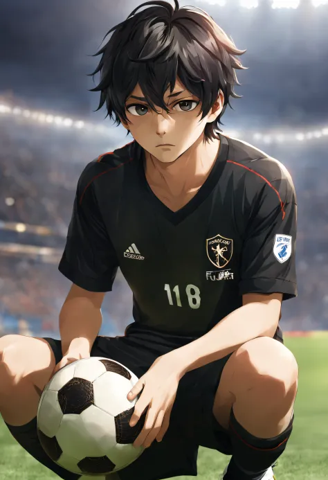 um menino, sad, roupa de futebol estragada, estilo anime, hair black, UHD
