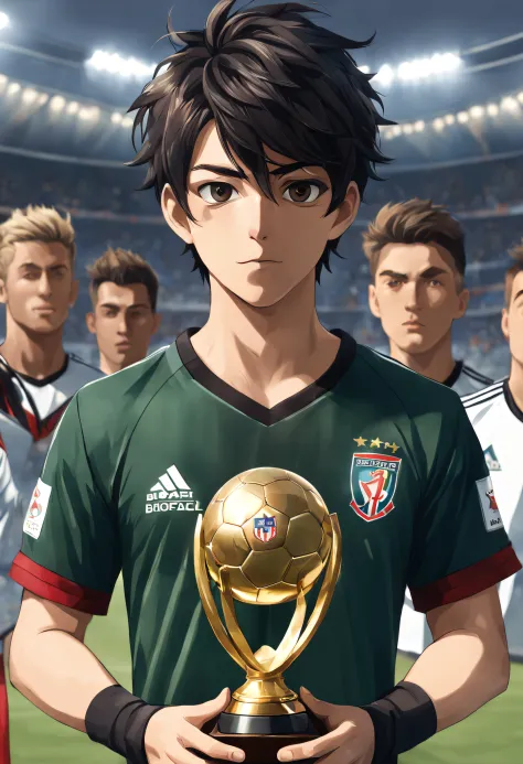 um menino, roupa de futebol, estilo anime, hair black, UHD, Trophy in hand