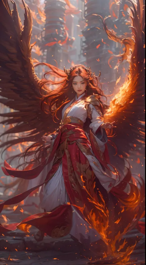 (Full body portrait), (close-up:1.7) ,1girll，korean girl, 17 years old, Flame mage dressed in fiery red（Chinese Hanfu），The robe ...