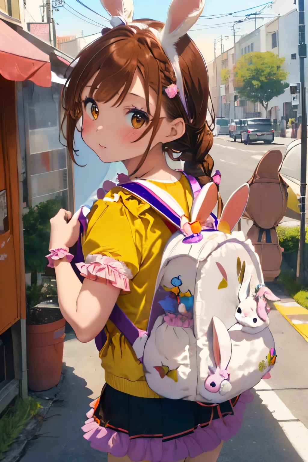 ((Brown hair)),((Braided shorthair)),((Brown eyes)),(With bangs),Slight red tide,(Rabbit ),(Clothing with a lot of frills:1.5),(Navel Bow Style),(Gorgeous and cute costumes like idols:1.2),(Rabbit tail:1.25),(paint art on the body:1.2),(Colorful and cute world view),(Cute poses:1.25),(close up of face:1.2),(white, Pink, Light blue, orange, yellow, yellow red meat, Light purple, and blue),(Carrying a rabbit-shaped backpack:1.25),