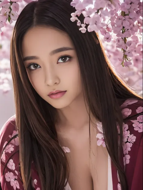 masterpiece, (pink kimono), seductive face, good lighting, cleavage, fine detail, masterpiece, glowing eyes, 1girl, black hair, ...