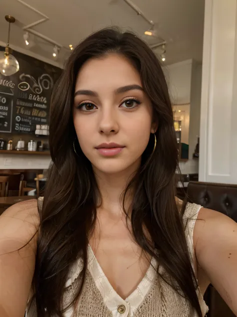 Photo of a 25 year old brunette woman, that  has a very natural face,  thin lips, thin eyes, thin eyebrows, thin nose, earrings, long eyelashes. She makes a cute selfie in a cafe