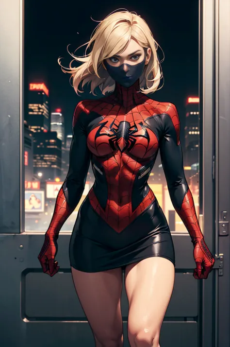 Best Quality, Scarjo, New York City, wearing a torn spiderman suit, Wearing a skirt, Abstract realistic masterpiece by Alphonse ...