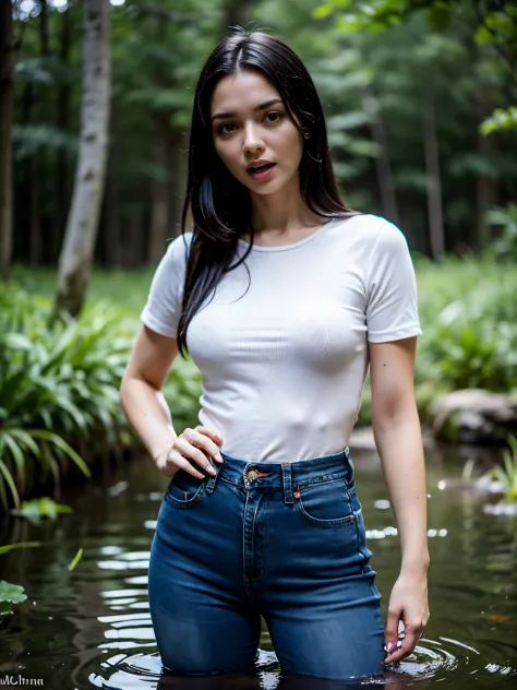"Polina, Dressed in high-waisted jeans, stood in a dark swamp, Drowning in darkness. Polina had a sexual fetish for the swamp, And now her shameful weakness has been revealed. Polina expresses confusion and despair, Flushed, strong blush, heavy breathing, ...