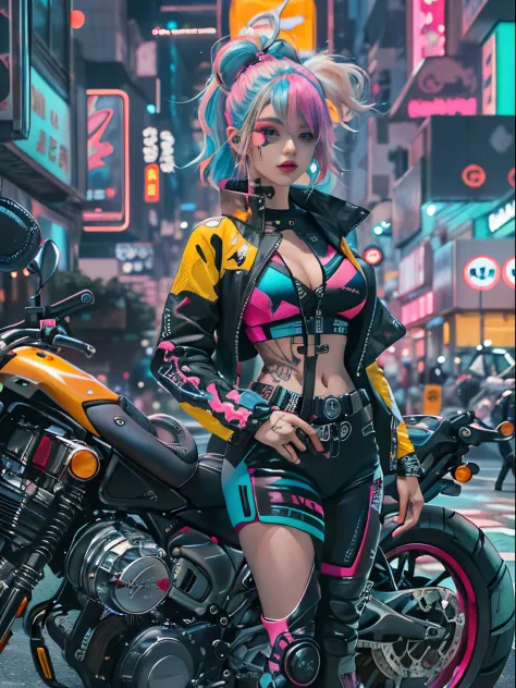 Masterpiece, Best quality, Confident cyberpunk girl, Full body shot, ((Stand in front of the motorcycle)), Popular costumes in Harajuku style, Bold colors and patterns, Eye-catching accessories, Trendy and innovative hairstyle, Vibrant makeup, Cyberpunk's ...