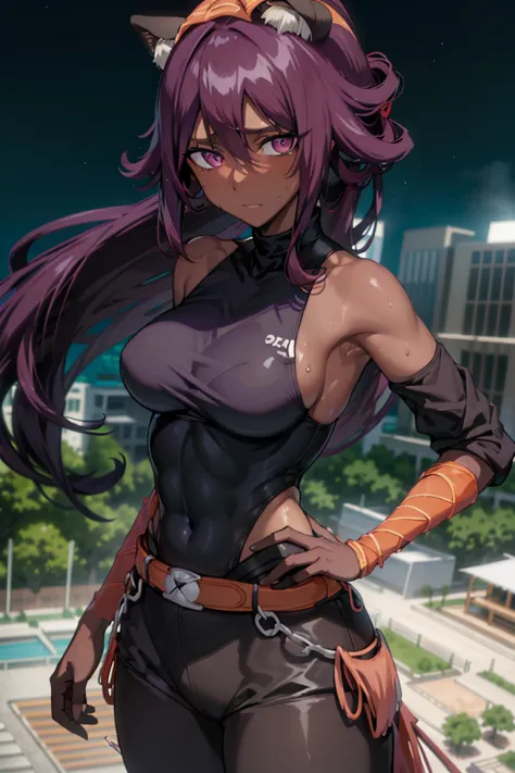 Yoruichishihouin, Yoruichi shihouin, Cabello largo, (ojos amarillos:1.5), Cola de caballo, purple hair, dark skin, hembra de pie...