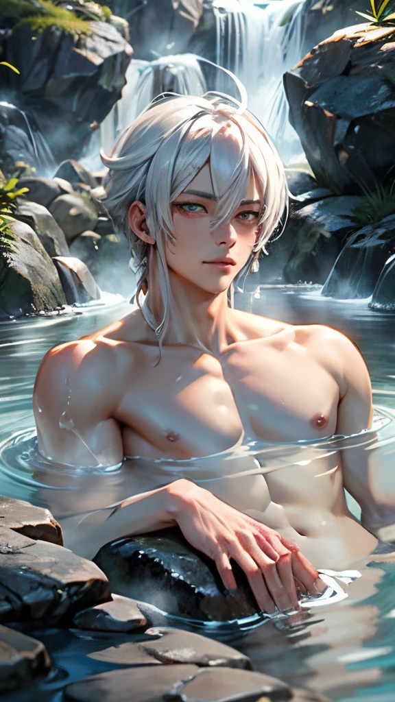outdoor bath、hot onsen、male people、beckoning、White hair、de pele branca、Rock、steam、Looking at the camera
