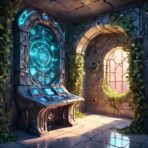 (cute cartoon style:1.3), ((holographic runes floating near the wall covered with vines)), futuristic artifacts, ((ethereal)), (...