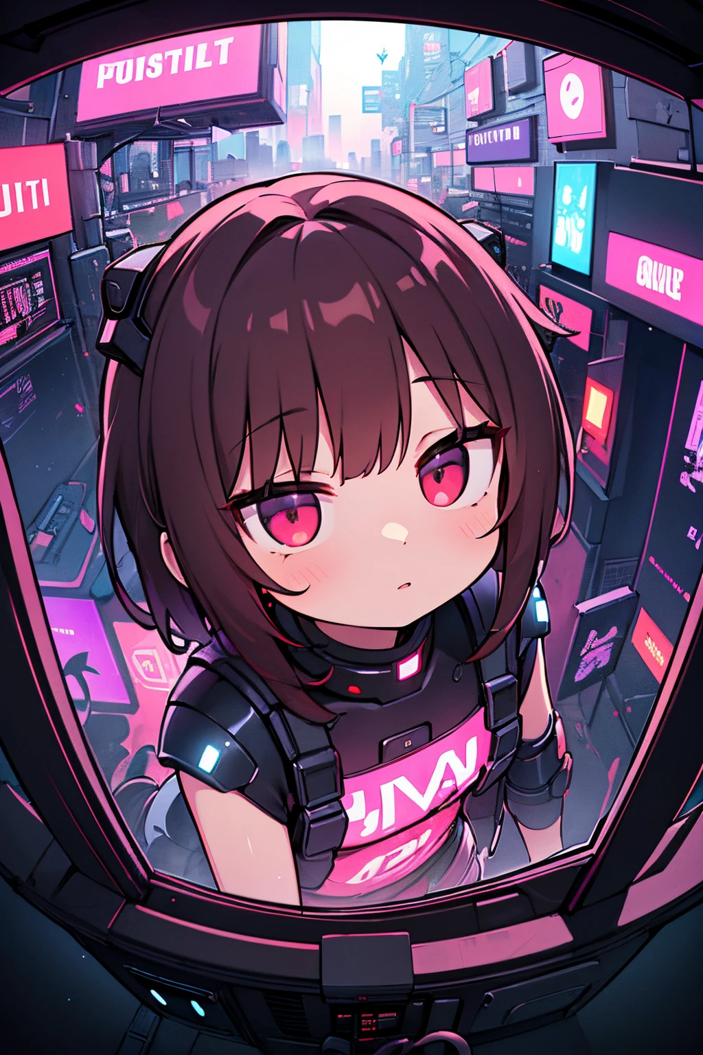 ((Masterpiece)), (best quality), (cinematic lighting), backlit, side light, soft light, (fisheye:1.2), from above, pov, (cyberpunk night street:1.2), (Dynamic Pose), extending hand against pov, looking at viewer, (narrow face), plump cheeks, cybernetic arm, dark hair with red highlights, wearing drip ootd