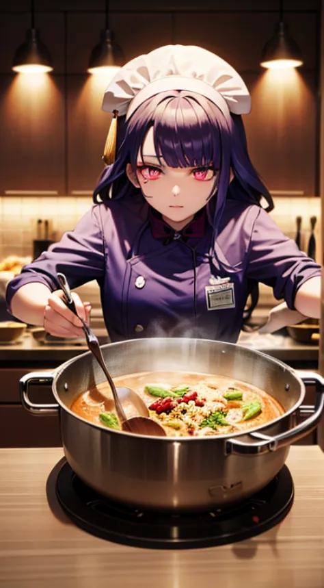 glowing eyes, colourful glowing hair, wearing chef uniform, cooking in the kicken, anime style, high detail, Futurism, glowing l...