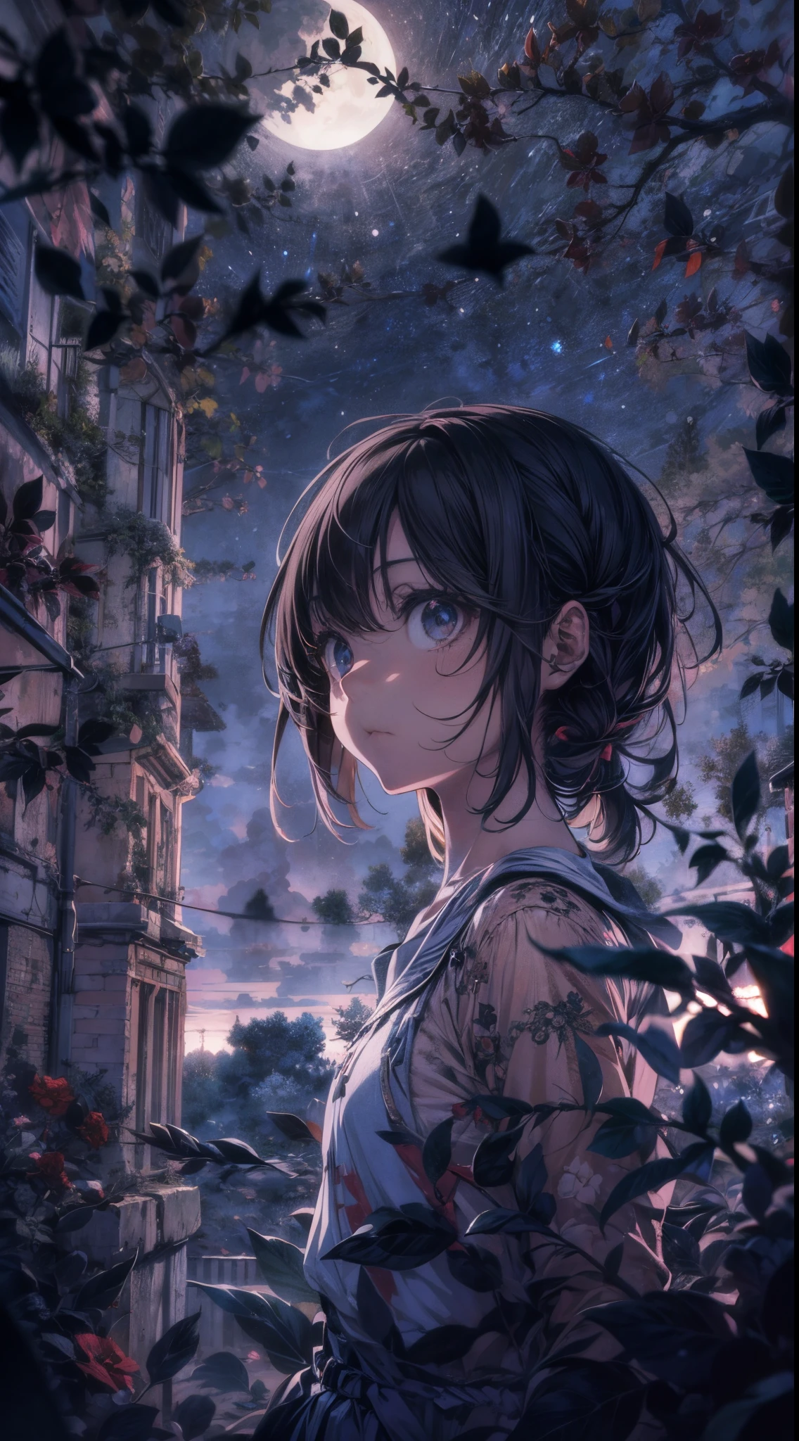 Create an image in the style of Kyle Thompson, featuring an anime-style girl character. She stands in an abandoned park filled with black roses, symbolizing death. The scene is illuminated by moonlight, which adds depth to the image. Use shallow focus to emphasize the girl and the immediate surroundings, while the background softly blurs. In the foreground, include the shadow of a cross, adding a dramatic and symbolic element to the scene. The contrast between the photorealistic Kyle Thompson style setting and the anime-style character should be striking, effectively synthesizing the differences in artistic mediums.