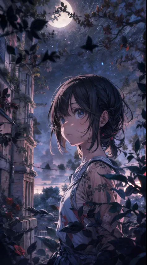 Create an image in the style of Kyle Thompson, featuring an anime-style girl character. She stands in an abandoned park filled w...