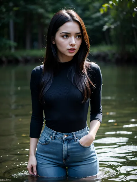 "Polina, Dressed in high-waisted jeans, stood in a dark swamp, Drowning in darkness. Polina has a sexual fetish for the swamp, And now her shameful weakness has been revealed. Polina expresses confusion +despair+Afraid+shame, disgraced, Scared, Flushed, st...