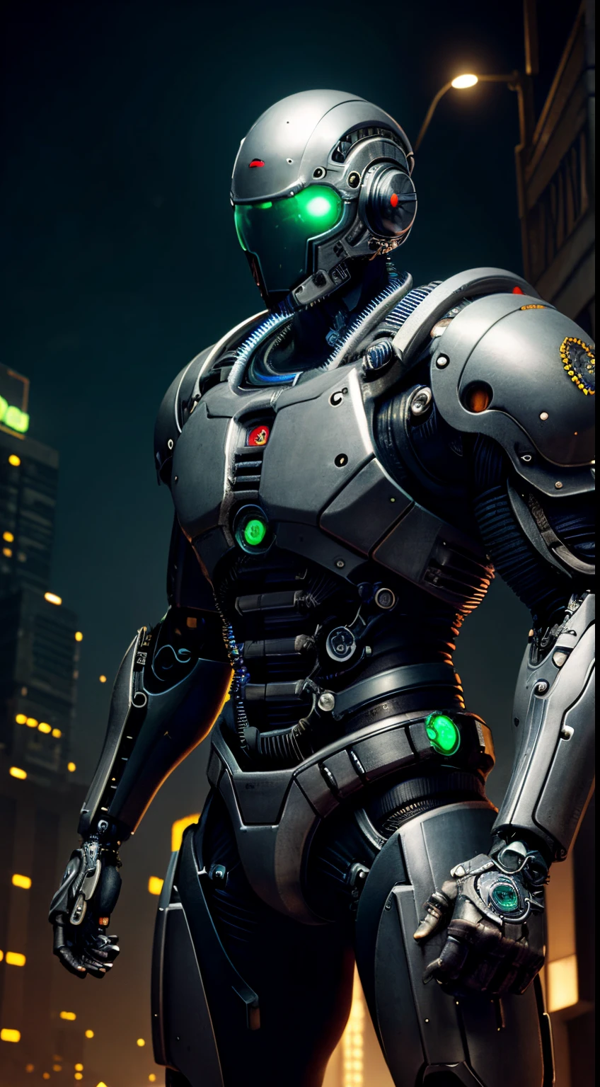 Mann Cyborg von Appleseed Alpha, komplizierte Details, Drähte, Neon, Hydraulik, Getriebe, mechanischer Schaden