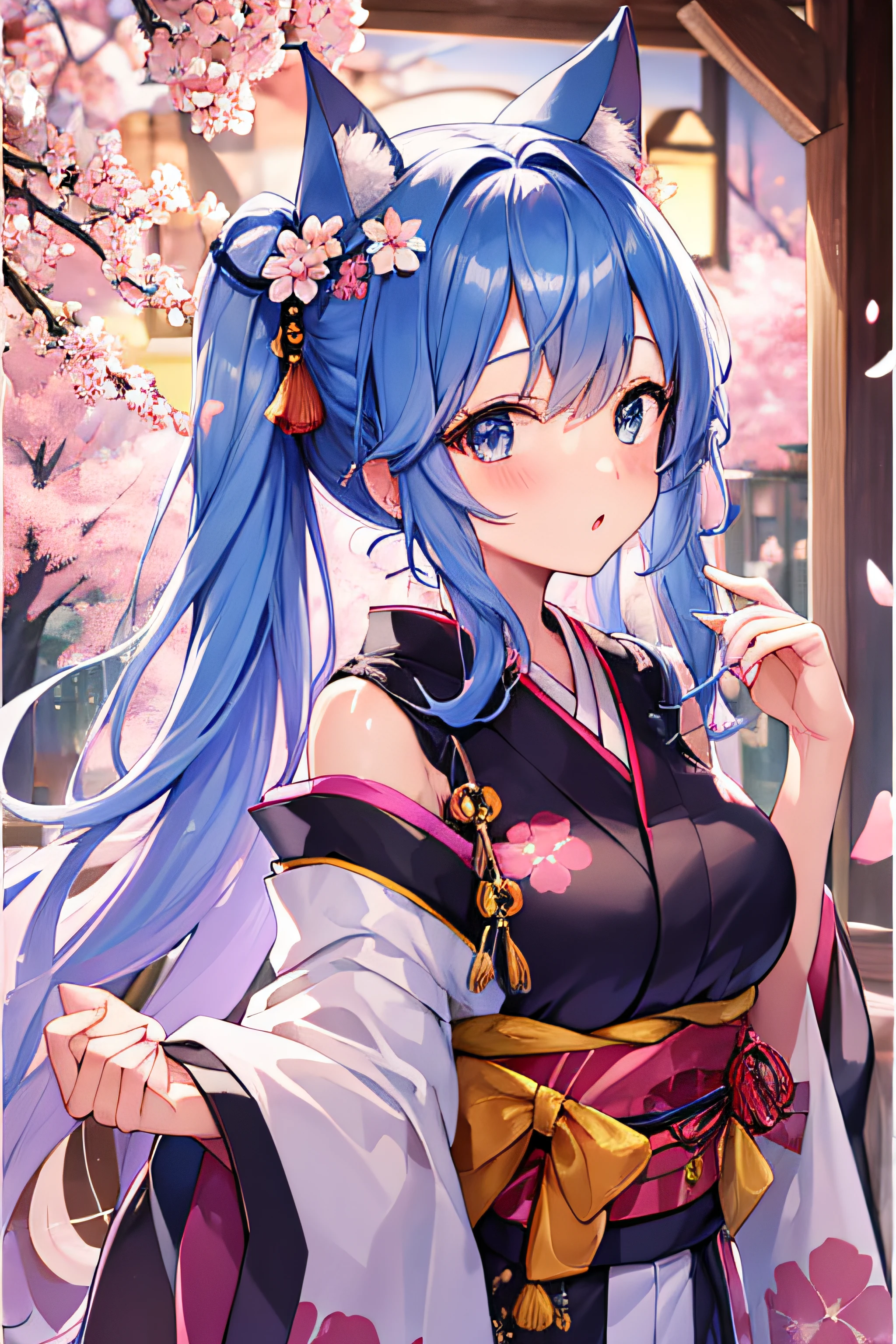 ​masterpiece、Top image quality、超A high resolution、miku hatsune、blue hairs、Twin-tailed、Blushing、Cute and shy、Kimono、firm breasts、well-shaped breasts、kyoto、Japan、during daytime、cherryblossom、Lots of cherry blossom petals、spring