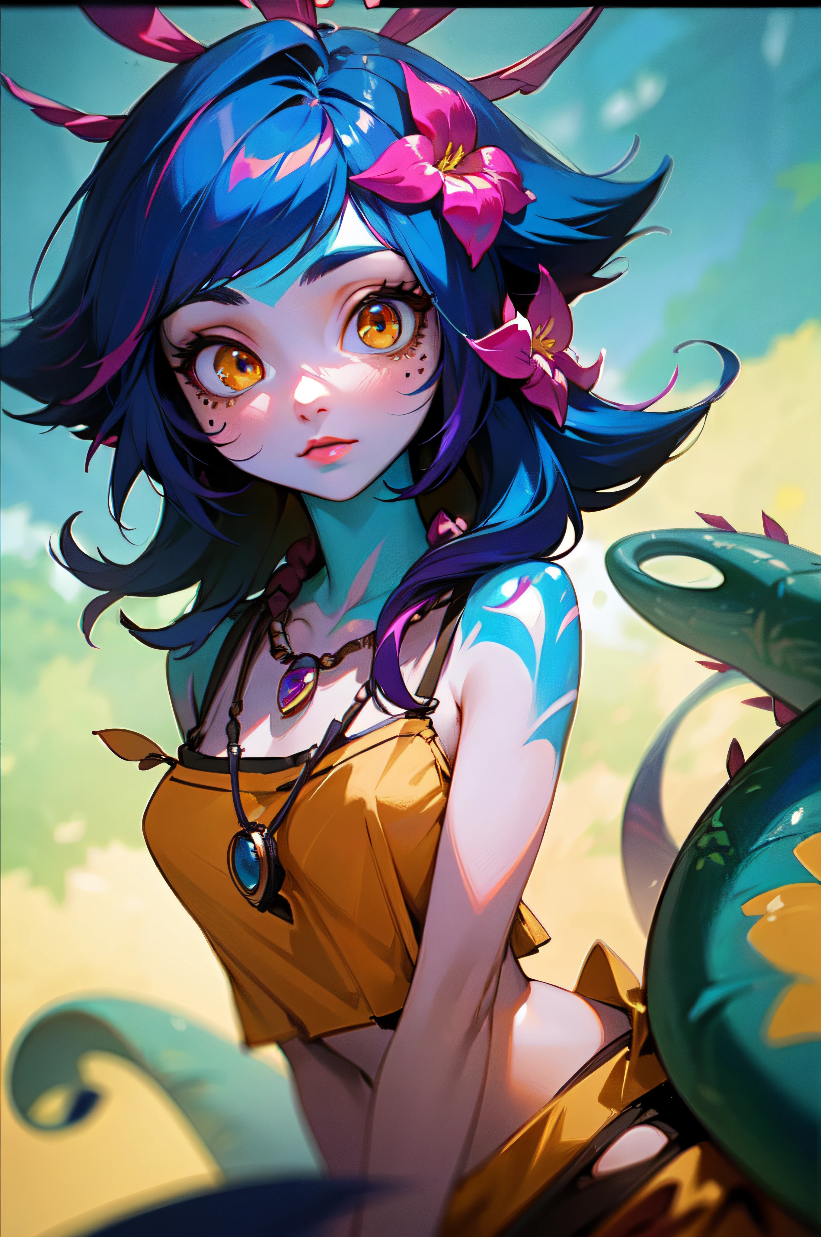 masterpiece,(best quality,top quality,8k),illustration,painting,detailed eyes and face,neeko,facial marks, hair ornaments, hair flower, necklace, brown shorts, crop top, lizard tail, pretty girl, beauty skin, ultra high res, raw photo, ultra detailed , detailed body , detailed eyes and face , (looking at viewer ),(puffy eyes) ,good contrast , high sharpness,(gorgeous),realistic,RAW Photography,(hyperdetailed:1.2)