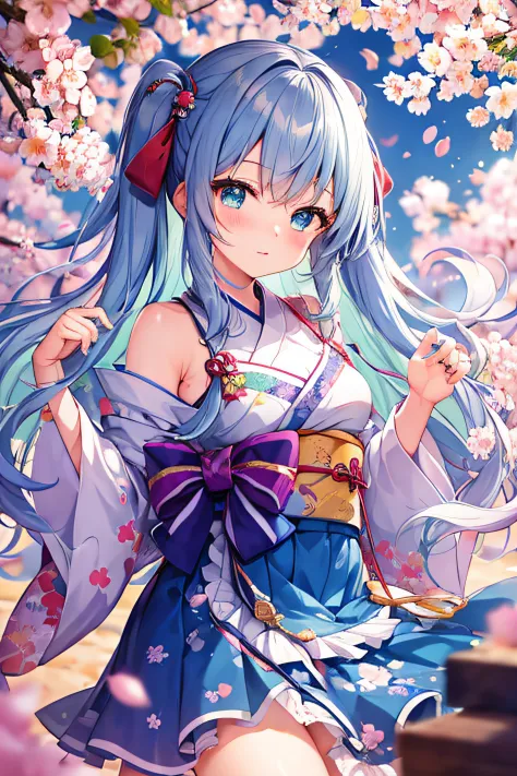 ​masterpiece、Top image quality、超A high resolution、miku hatsune、blue hairs、Twin-tailed、Blushing、Cute and shy、Kimono、firm breasts、...