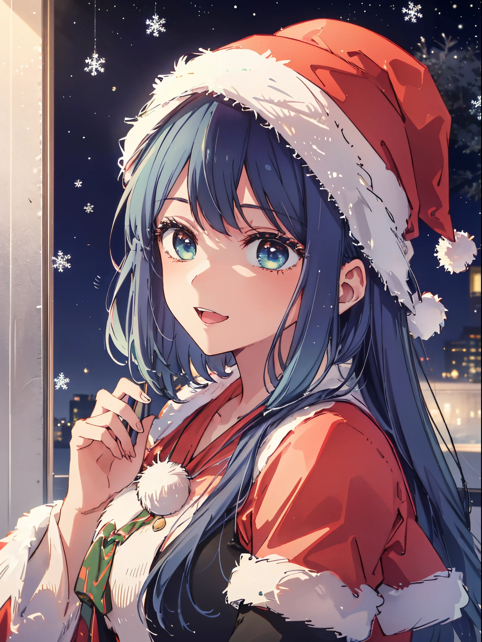 ​masterpiece、hightquality、8K、 1girl in, 独奏, (((anime styled)))、(((2D)))、A smile、Open your mouth、(a closeup)、(((Santa Cosplay))))、(((Christmas)))