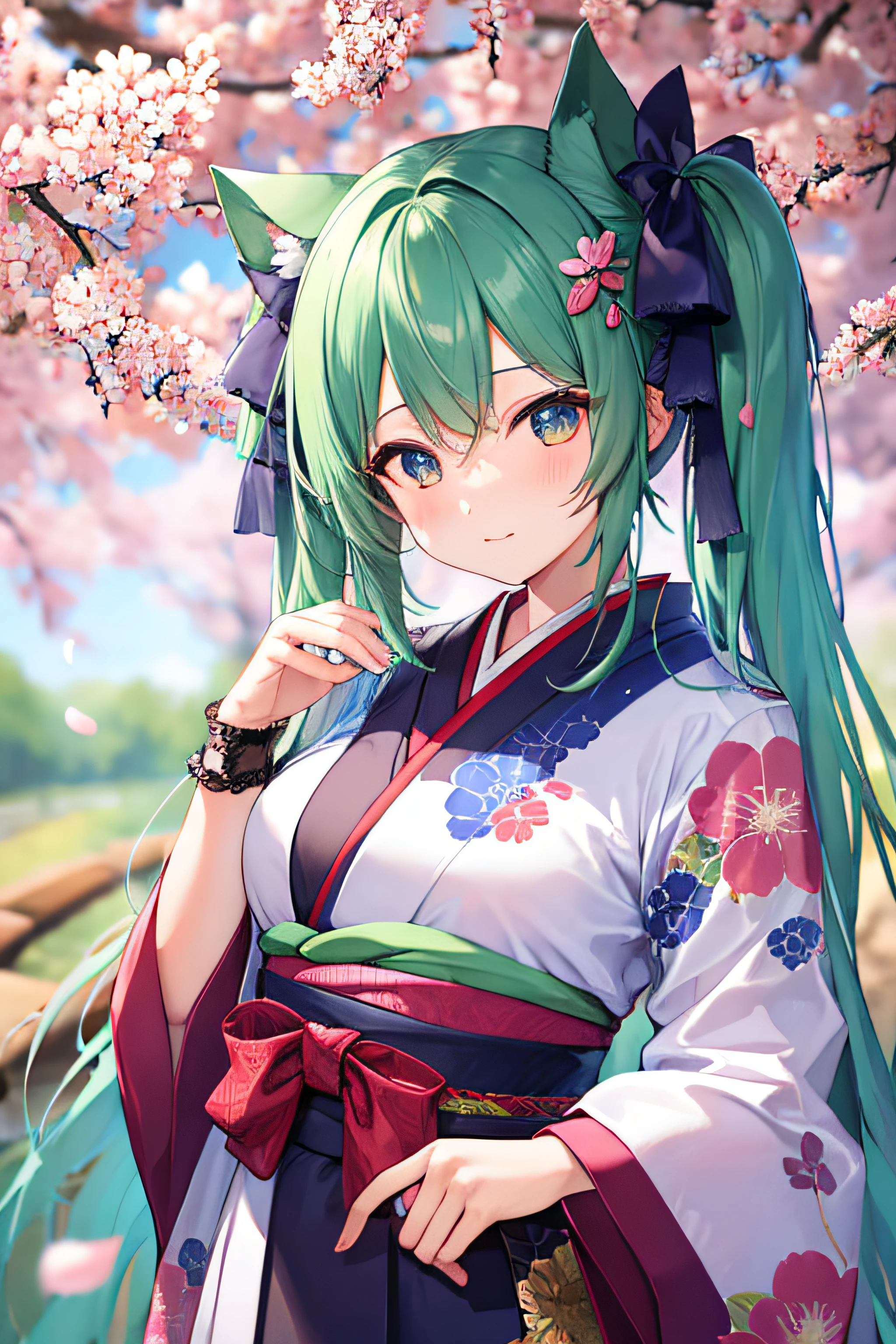 ​masterpiece、Top image quality、超A high resolution、miku hatsune、blue hairs、Twin-tailed、Blushing、Cute and shy、Kimono、firm breasts、well-shaped breasts、kyoto、Japan、during daytime、cherryblossom、Lots of cherry blossom petals、spring