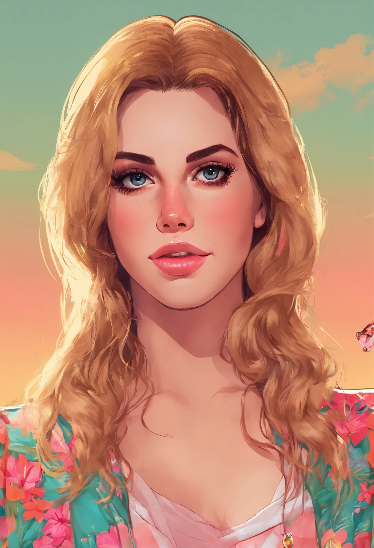 A woman with blonde hair and blue eyes is standing in front of a pink sky -  SeaArt AI