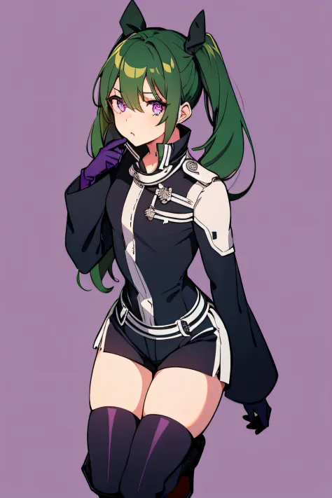 1girl in, Solo, Twin-tailed, Shorts, Long sleeves, Short shorts, long boots, Thigh strap, gloves, Purple eyes, Green hair