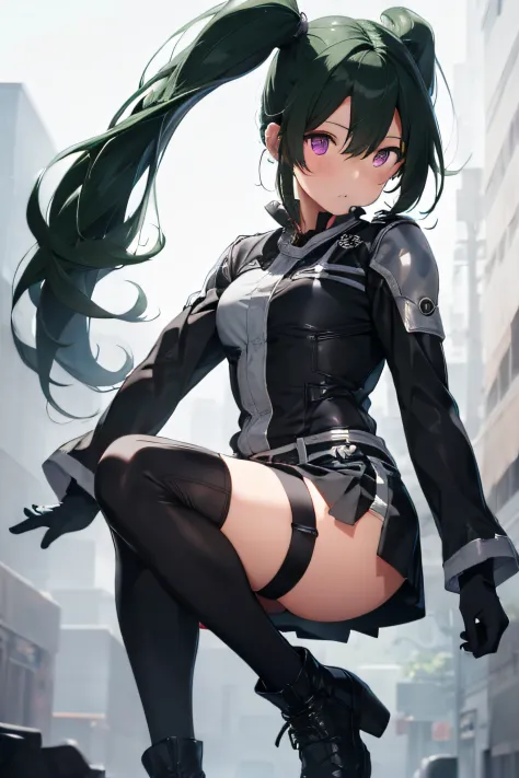 1girl in, Solo, Twin-tailed, Shorts, Long sleeves, Short shorts, long boots, Thigh strap, gloves, Purple eyes, Green hair