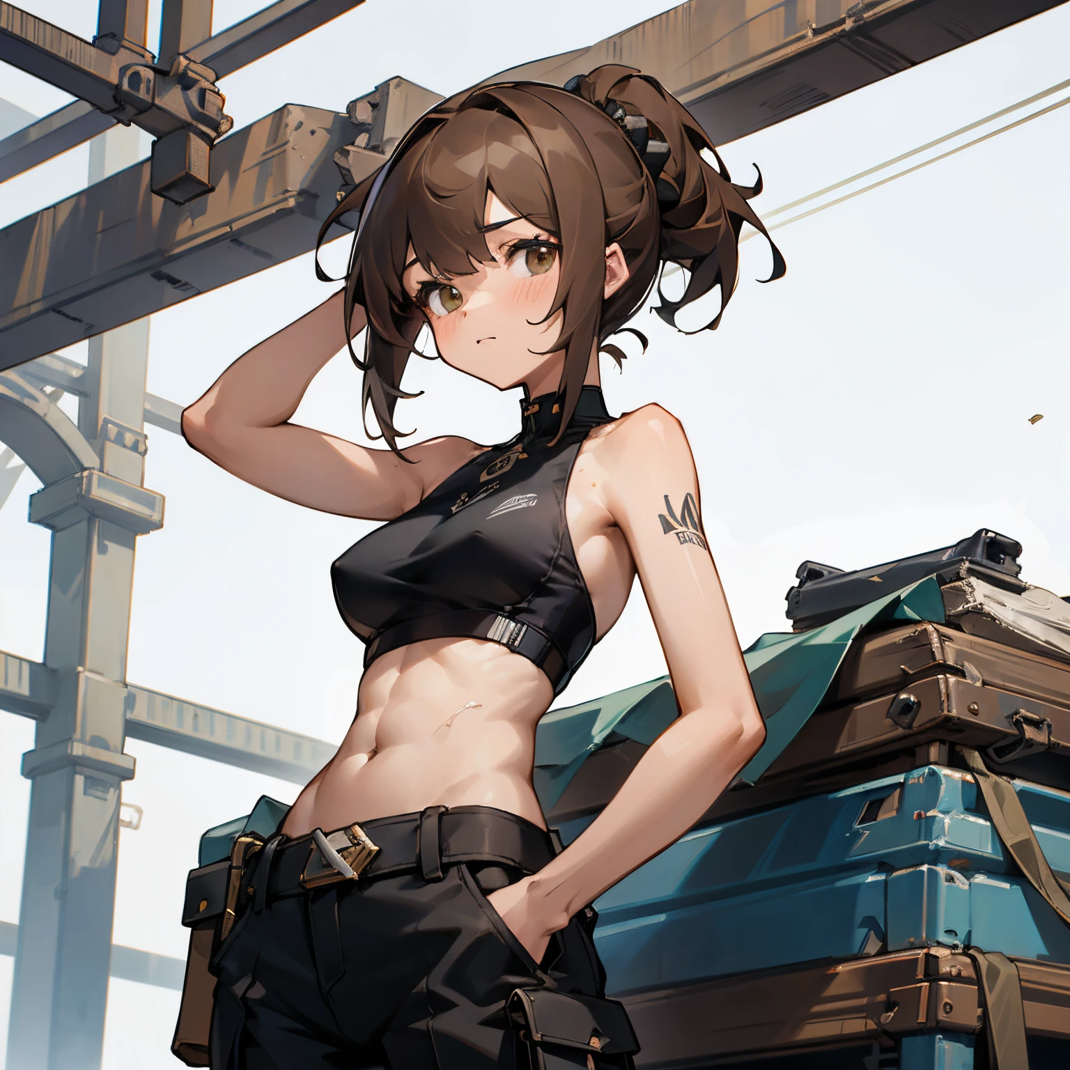 1 girl, master part, 8k, art-station, Ultra alta qualidade, ultra alto detalhe, Ultra high resolution, olhos vermelhos brilhantes, brown hair, (Mechanicalgirl), Mechanic's clothing, correia de ferramentas, engenheiro, Cyberpunk, orelhas de gato, cargo pants, suado, musculoso, Abs, tampo de corte branco, white sports bra, bralette branco, machines, maquinaria, warehouse, Warehouse ceiling, iron truss, steel beams, building materials in the background, rabo-de-cavalo, bare arms, (Bolsas), Luvas, 1 hand in pocket