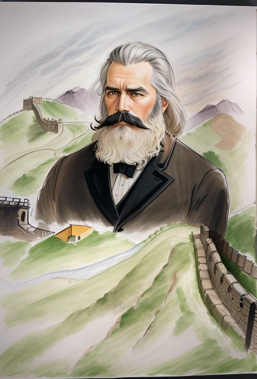 A picture wearing a black coat、Drawing of man with beard and mustache, Carl S., This man is a bust，The lower part is smudged like ink，Integrate with the Great Wall below，His solemn gaze looks into the distance