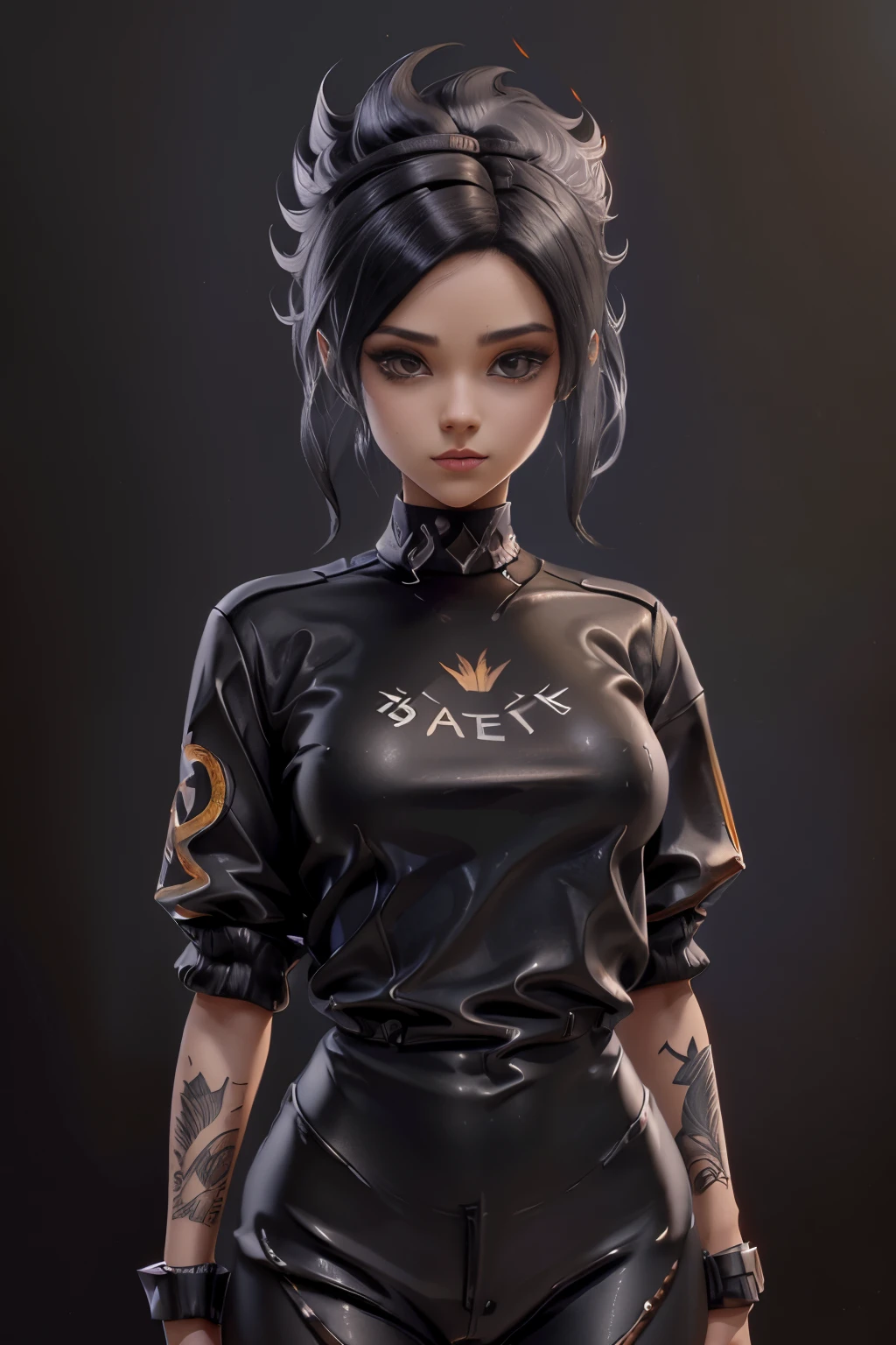 Girlish, sloppy appearance: mulatto woman with black hair, tail, fire, Black T-shirt, flame, elegant, Digital Painting, Concept art, sharp-focus, illustartion