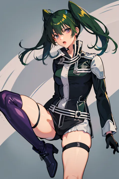 1girl in,18year old, Solo, Twin-tailed, Shorts, Long sleeves, （Short shorts）, long boots, Thigh strap, gloves, Purple eyes, green haired lenalee lee d.Gray Man in the short-lived costume he wore when fighting Eshi..........