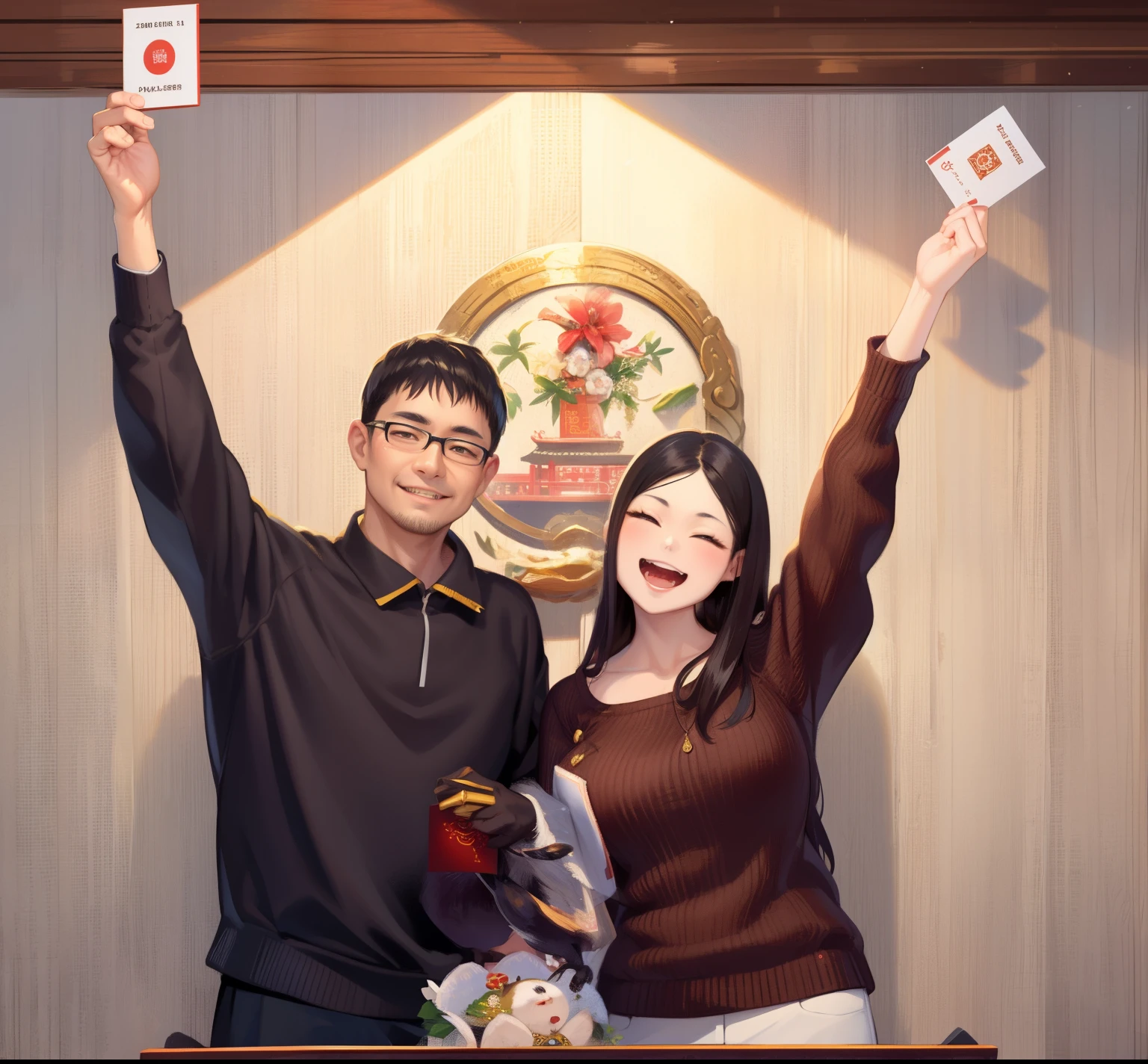 They pose with passports and Chinese flags, celebrating an illegal marriage, Happy couple, ruan jia and fenghua zhong, Husband and wife, famiglia, The growth of a couple, They held up their passports and posed for photos,They hold Chinese New Year greeting cards in front of the red wall, ruan jia and fenghua zhong, celebrating an illegal marriage, Happy couple, gleeful, husband and wife, celebration, sha xi, Chinese big breasts, jinyiwei, wedding photo, lu ji, famiglia, exclusive, li zixin, a happy stills, zezhou chen