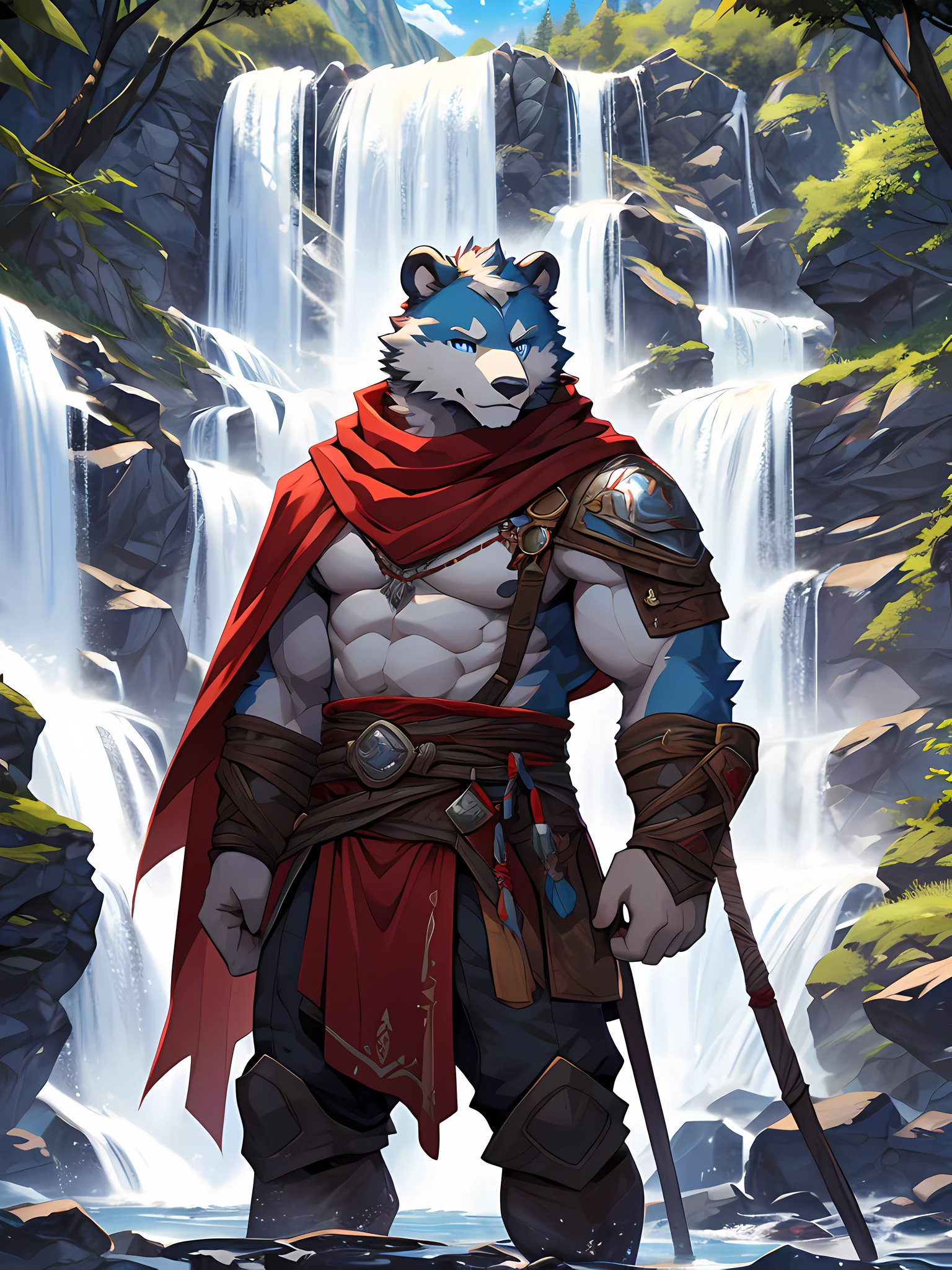 furry,bara,white bear,Blue Eyes,muscular,Wear an adventurer&#39;s outfit&#39;The costume of,There is a red cloth..,red neckerchief,Behind is a mountain..,There is a waterfall.,Standing on the rocks by the waterfall,High resolution HDR images,10