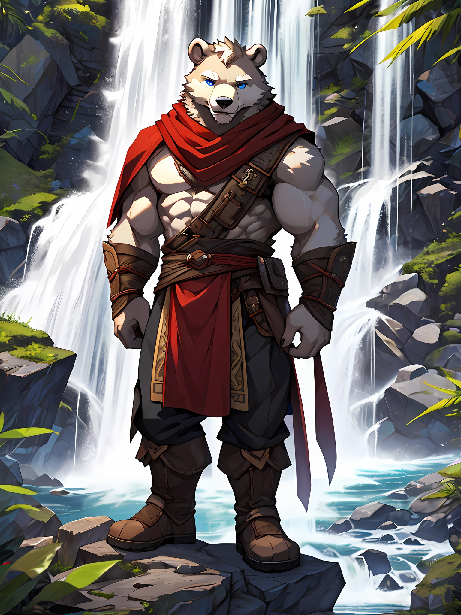 furry,bara,white bear,Blue Eyes,muscular,Wear an adventurer&#39;s outfit&#39;The costume of,There is a red cloth..,red neckerchief,Behind is a mountain..,There is a waterfall.,Standing on the rocks by the waterfall,High resolution HDR images,10