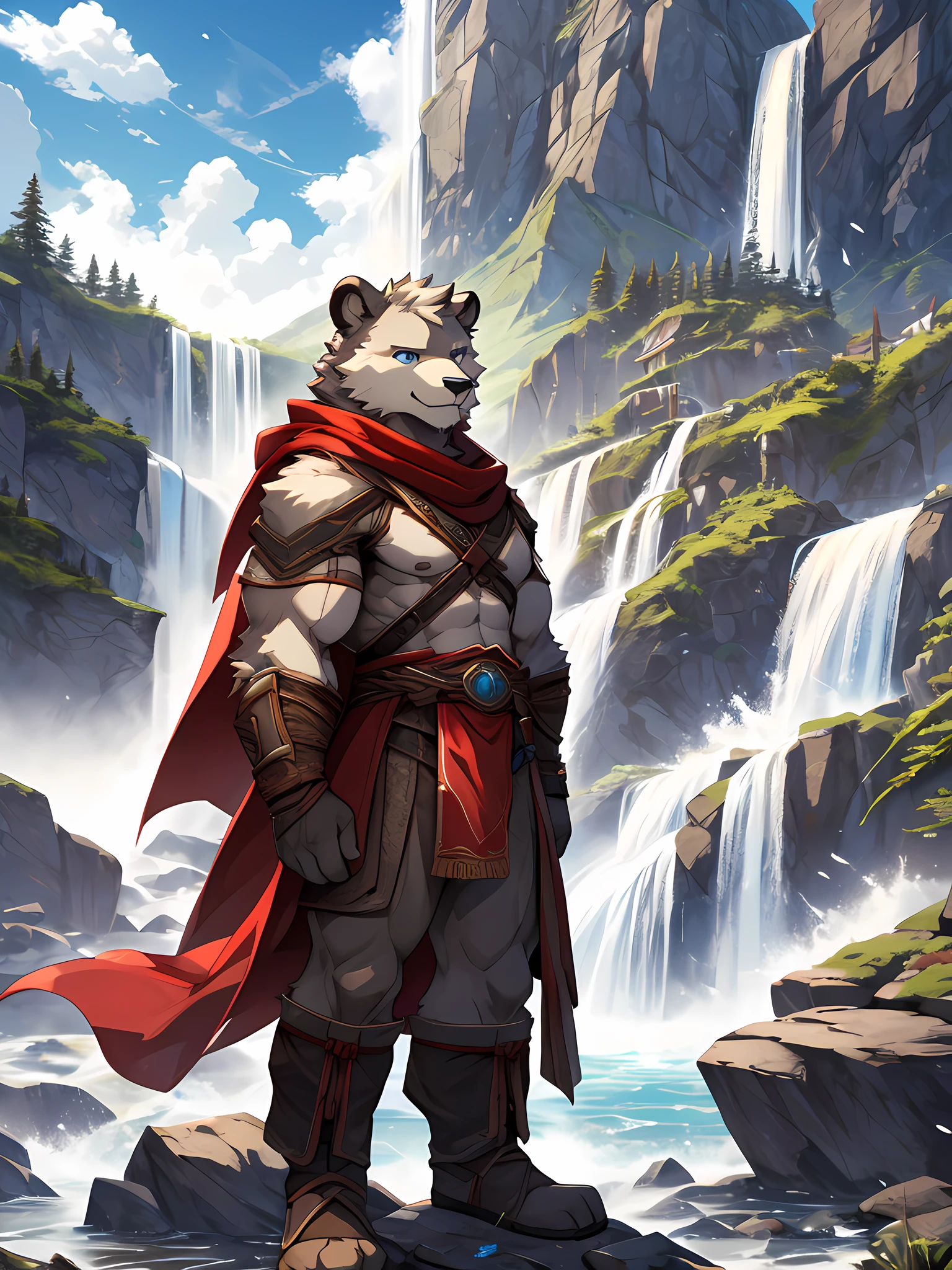 furry,bara,white bear,Blue Eyes,muscular,Wear an adventurer&#39;s outfit&#39;The costume of,There is a red cloth..,red neckerchief,Behind is a mountain..,Standing on the rocks by the waterfall,High resolution HDR images,10