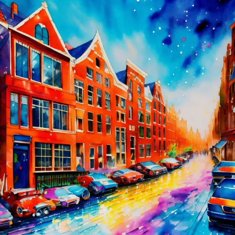 painting of los amsterdam skyline, intricate details, detailed, make a focus point, wtrcolor style, paint dripping, intricate de...