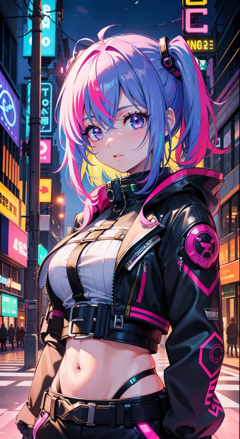 highest  quality，16K quality，1girl,Creative hair,rainbow hair,the city street,Charming and beautiful eyes,Neon cold light,cyber punk perssonage,Blushlush,constricted waist,Detail Facial details,Dynamic pose,Edge lights,