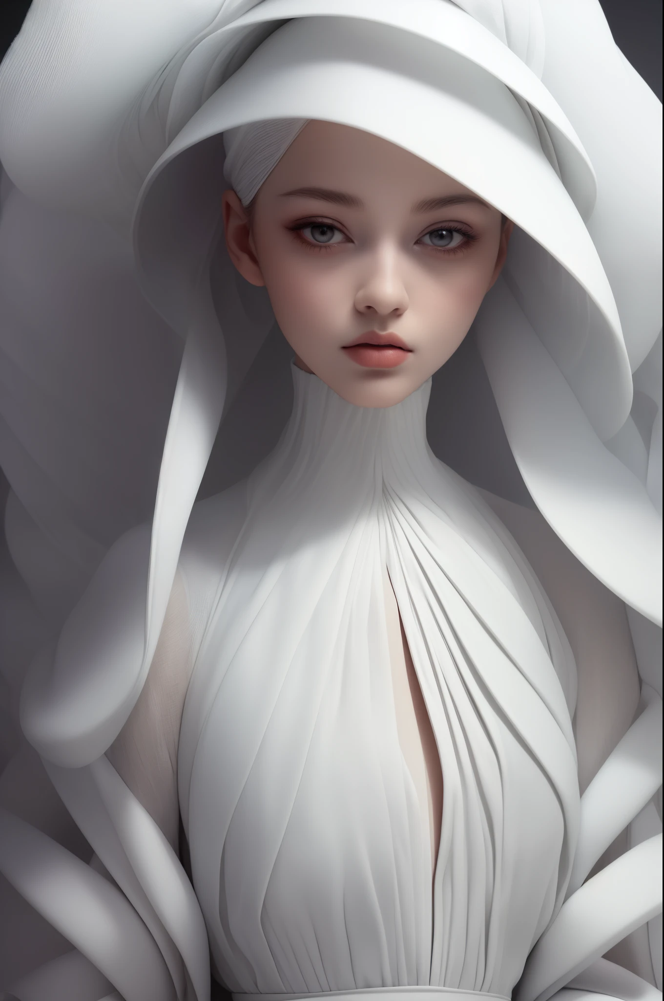 (masterpiece, top quality, best quality, official art, beautiful and aesthetic),solo,1girl,dark white dress,white bodysuit,white hair,(upper body:1.4),frills,standing,hood,hat,abstract dark gray backdrop,bangs,legs,white stocking,high wheel shoes,small breasts,a model wearing haute couture monochrome overall in (issey miyake) style,by rinko kawauchi,zen-inspired masterpiece portrait,(detailed fiber texture),pleats,deconstruction,layers,editorial photo,