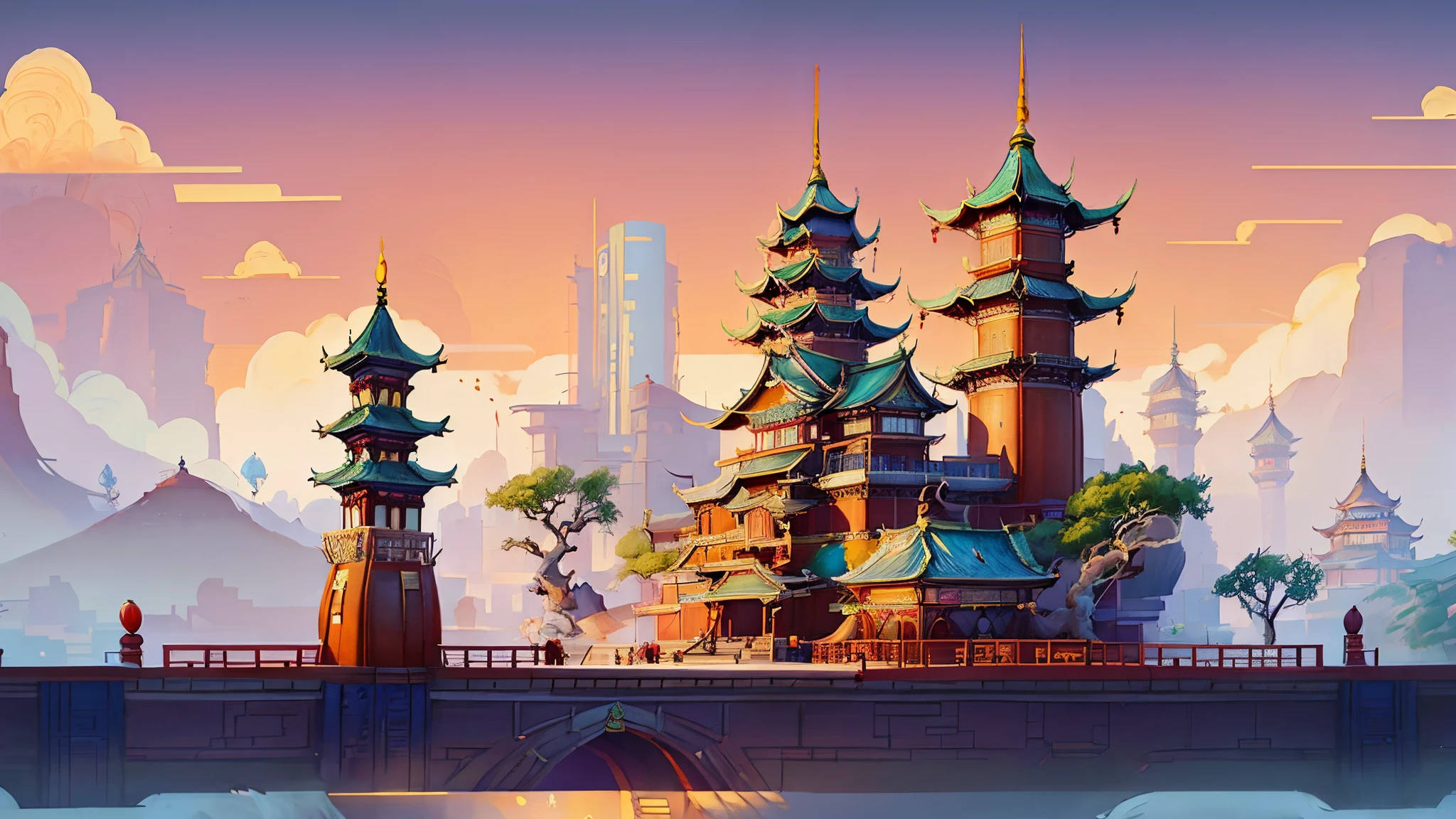 Illustration of a Chinese castle in a city with a bridge, digital painting of a pagoda, Cyberpunk ancient Chinese castle, A beautiful artistic illustration, low details. digitial painting, rossdraws global illumination, Zheng Zhiqiang, G Liulian art style, Dream Chinatown, background artwork, gta chinatown art style, digital painting concept art, concept art style