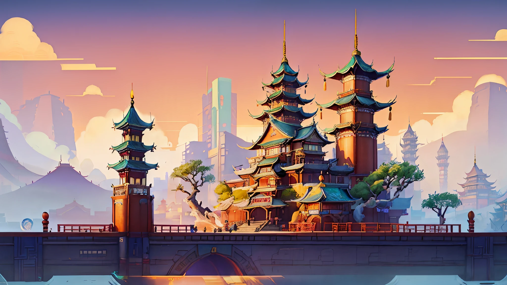 Illustration of a Chinese castle in a city with a bridge, digital painting of a pagoda, Cyberpunk ancient Chinese castle, A beautiful artistic illustration, low details. digitial painting, rossdraws global illumination, Zheng Zhiqiang, G Liulian art style, Dream Chinatown, background artwork, gta chinatown art style, digital painting concept art, concept art style