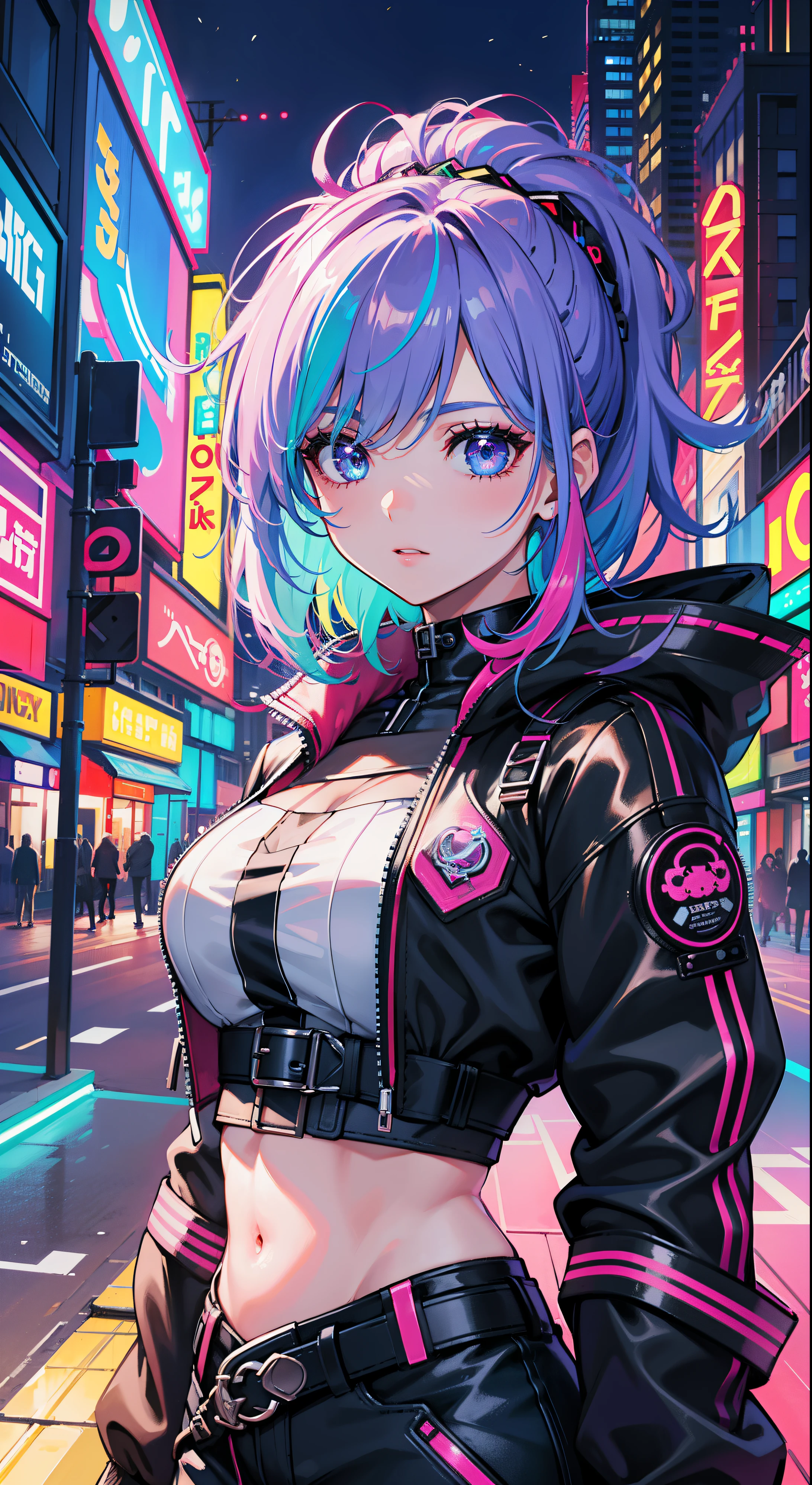 Best quality at best，16K quality，1个Giant Breast Girl,Creative hairstyles,rainbow hair,the city street,charming and beautiful eyes,Neon cold light,cyber punk personage,blush blush,Tighten your waist,Detailed facial details,dynamicposes,Edge lights,