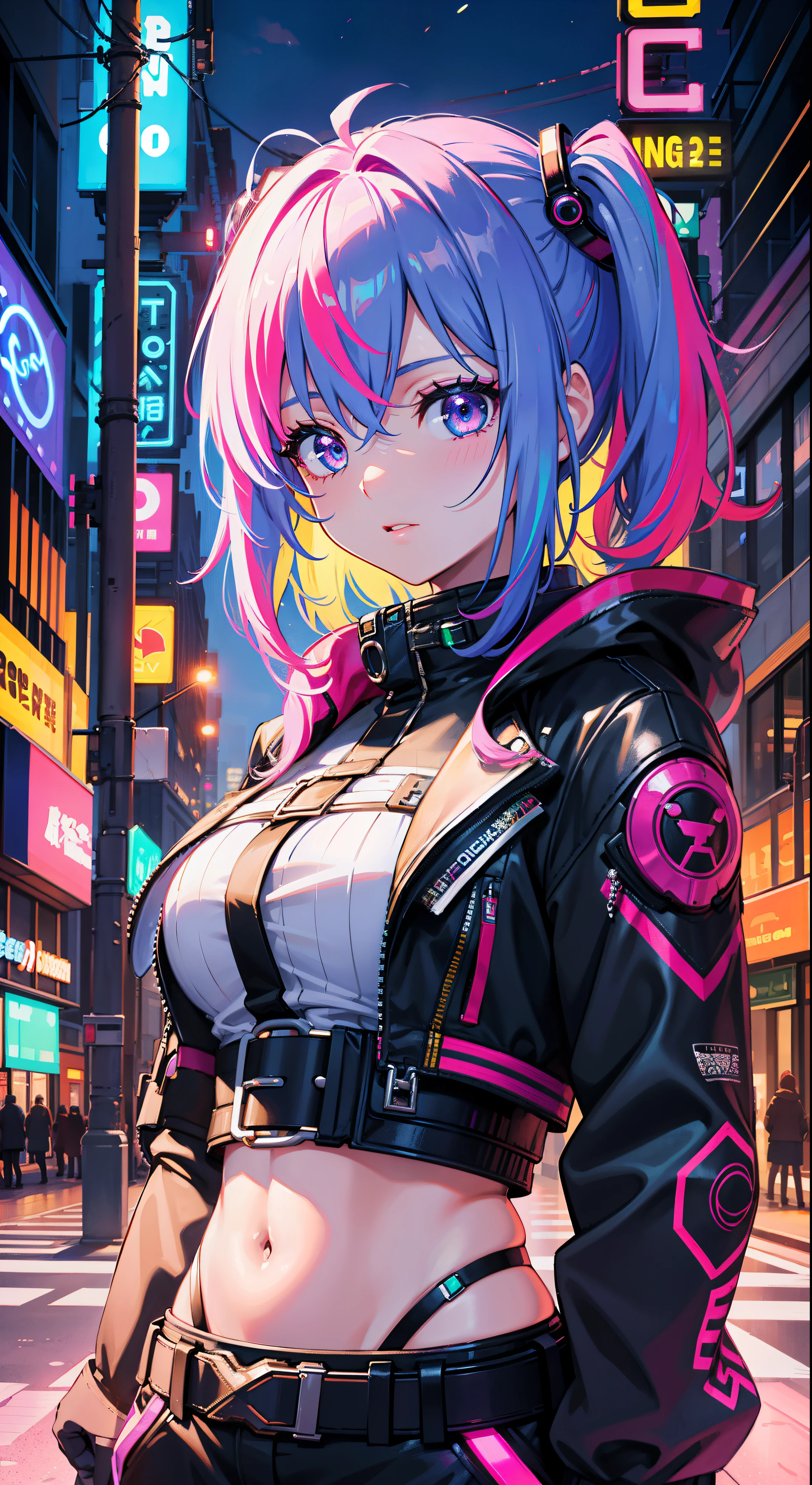 Melhor qualidade na melhor das hipóteses，Qualidade 16k，1个Menina de peito gigante,Penteados criativos,cabelo arco-íris,a rua da cidade,Olhos encantadores e lindos,Luz fria de néon,personagem cyberpunk,corar corar,aperte sua cintura,detalhes faciais detalhados,poses dinâmicas,Luzes de borda,