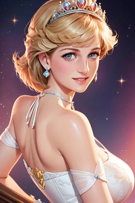 princess Diana, stunning face, smiling, half body shot, J Scott Campbell style, 8k, ultra sharp,