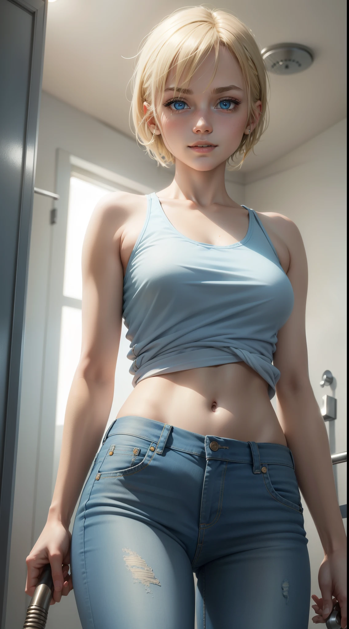 Young girls, blond with short hair, high ponytails, eBlue eyes, ssmile, Blue skinny shirt, denim pant, open shower room, Two swords, fly by rope, tmasterpiece, high high quality, 4K, k hd, Nice details
