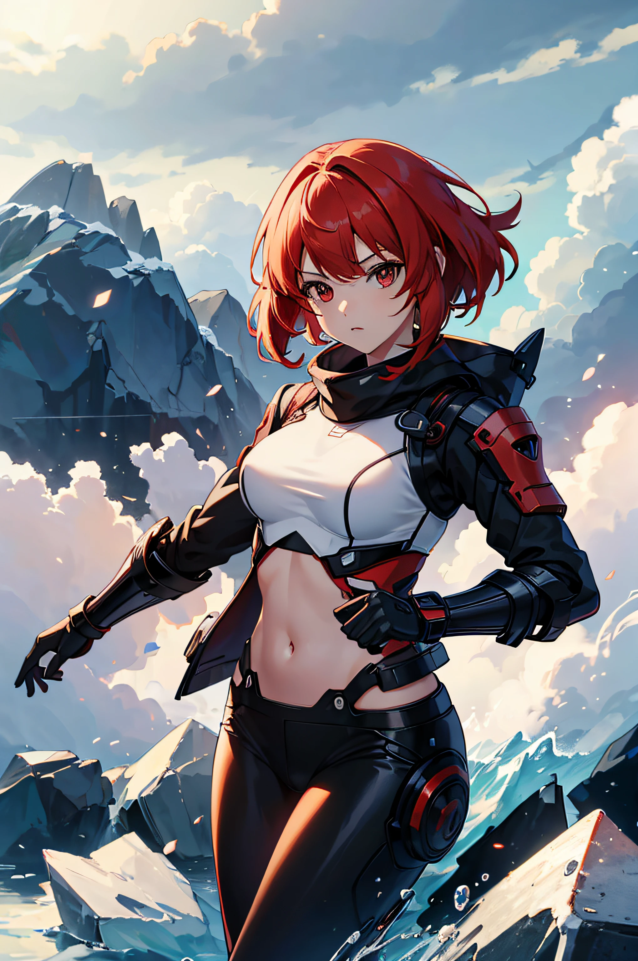 Anime Girl, Mercenary, short red Hairs, red eyes, 4k, ultra high quality, masterpiece, perfect body, beautiful face, best quality