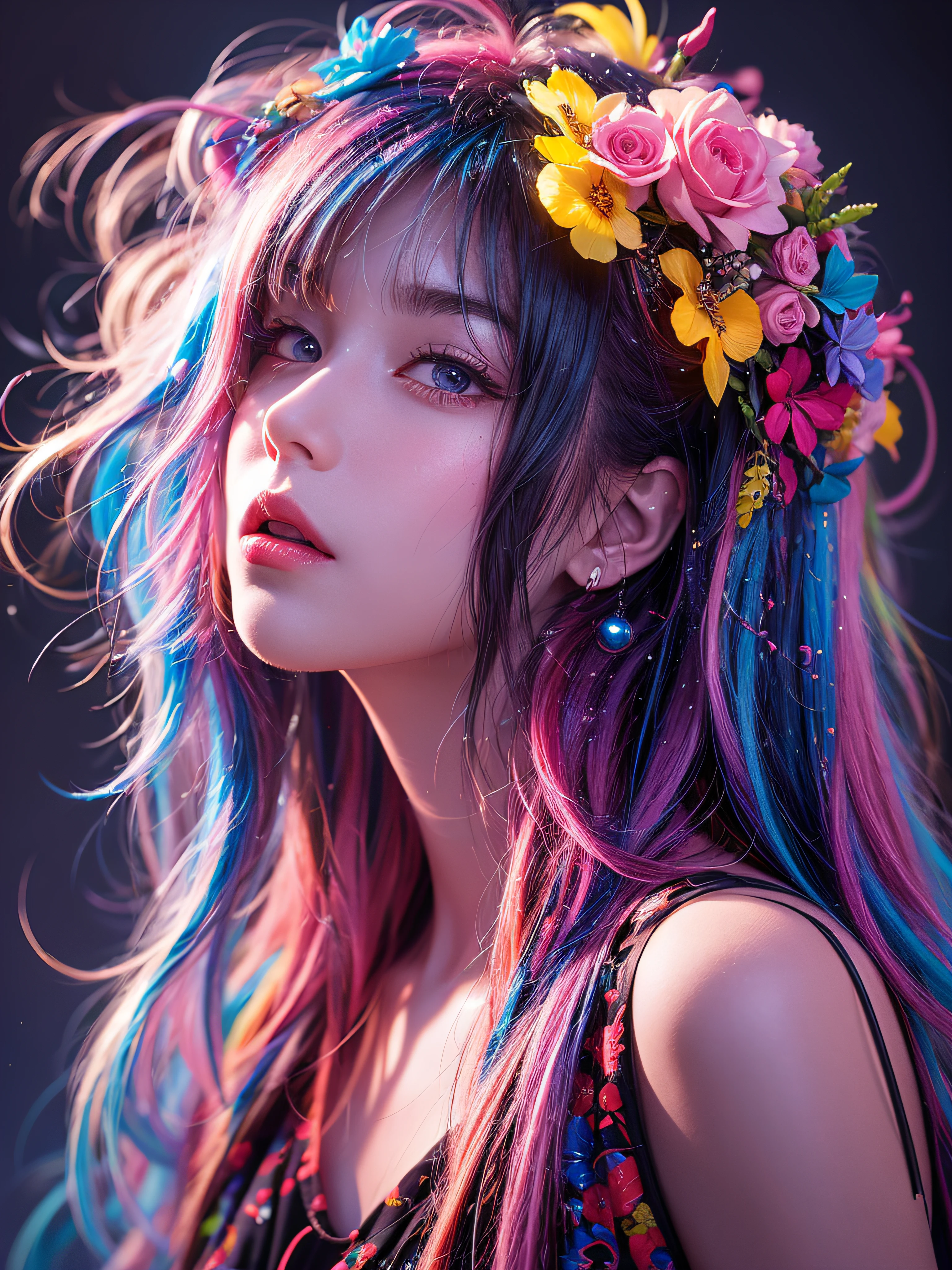 飛濺的顏色，油漆飛濺，Captivating psychedelic surreal neon amazing universe 美麗的 gorgeous women in a bright colorful neon light，馬克雷登、丹尼爾·梅里亞姆、弗蘭克弗雷澤塔 (Frank Frazetta) 和鮑里斯瓦列霍 (Boris Vallejo) 風格的明亮霓虹色, 、超現實主義, 迷幻,  華麗的, 美麗的, 精細細節, 複雜的細節, 超詳細, 油畫, 複雜的顏色,