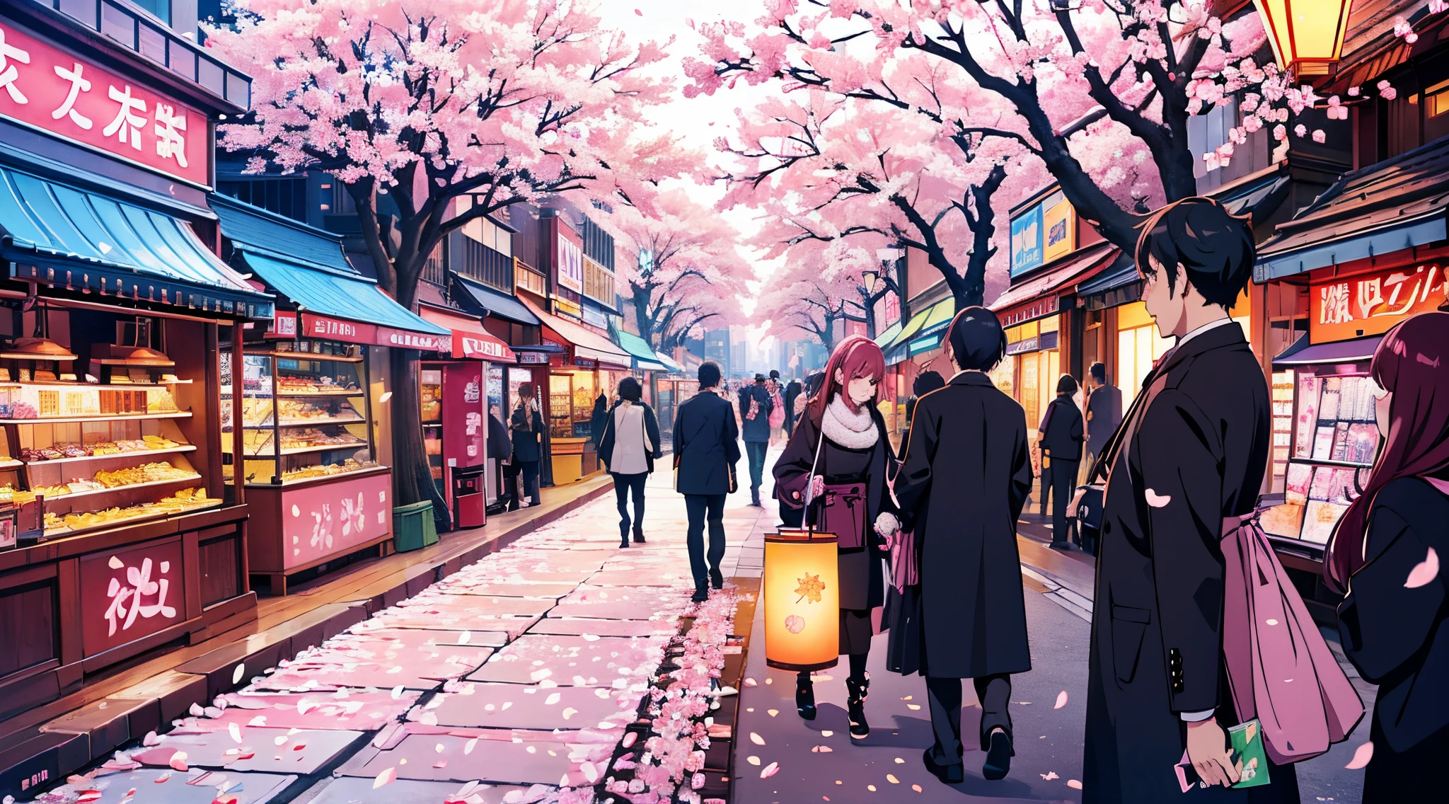 Les arbres Sakura fleurissent dans une ville moderne, couleurs vives, Rues bruyantes, lumières de la ville, pétales de fleurs de cerisier, flottant dans les airs, Horizon de la capitale, foule de gens,  architecture, ambiance romantique, paysage urbain au crépuscule, Les pétales de Sakura tombent, comme des confettis, gratte-ciel modernes, rue, doublé de sakura, enseignes lumineuses au néon,  vie, Les pétales de Sakura couvrent les trottoirs, Combinaison d&#39;éléments traditionnels et modernes, Intersections achalandées, arbres sakura, éclairé par des lampadaires, ambiance énergique, Fête des cerisiers en fleurs au centre-ville, Vibrant nightvie, combinaison harmonieuse de nature et de ville, Pétales de Sakura flottant au vent,  une oasis, décoré de fleurs de cerisier, ambiance cosmopolite, vendeurs de rue vendant des produits sur le thème de Sakura.
