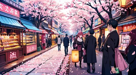 Sakura trees bloom in a modern city, bright colours, Noisy streets, city lights, cherry blossom petals, floating in the air, Cap...
