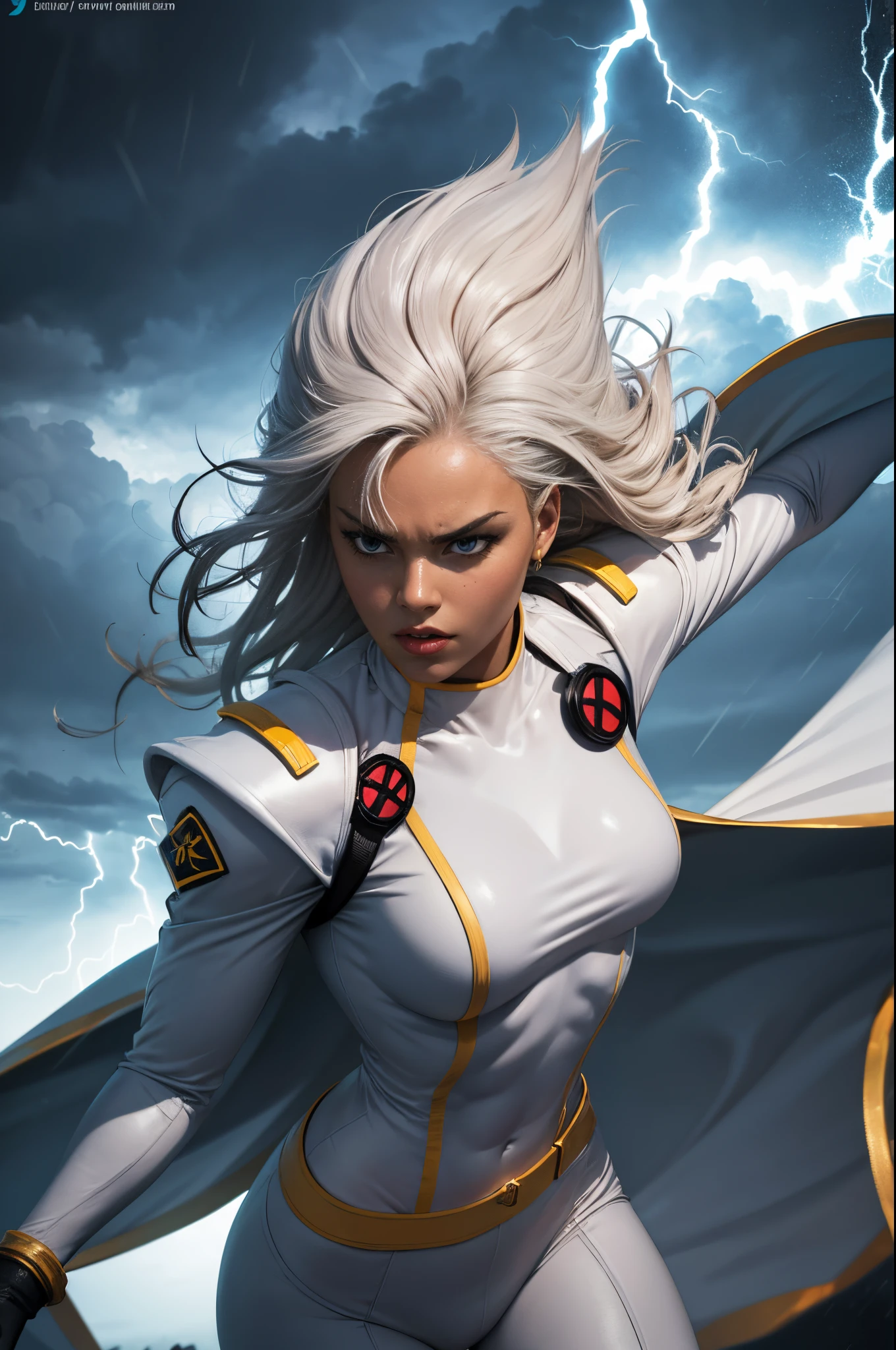 best quality,highres,ultra-detailed,realistic:1.37,professional,dynamic,action shot,storm character art,storm from the X-Men,storm conjuring lightning,storm with flowing white hair,storm with intense gaze,storm in a powerful pose,strong facial features,storm's iconic cape,storm surrounded by storm clouds,storm with dramatic lighting,storm's eyes glowing white,storm's lightning powers crackling,storm with an intense expression,storm with a determined look,storm wearing her classic costume,storm floating in the air,storm with winds swirling around her,storm creating a thunderstorm,storm casting lightning bolts,storm's cape billowing in the wind,storm with a fierce and confident posture,vivid colors,bokeh,portrait