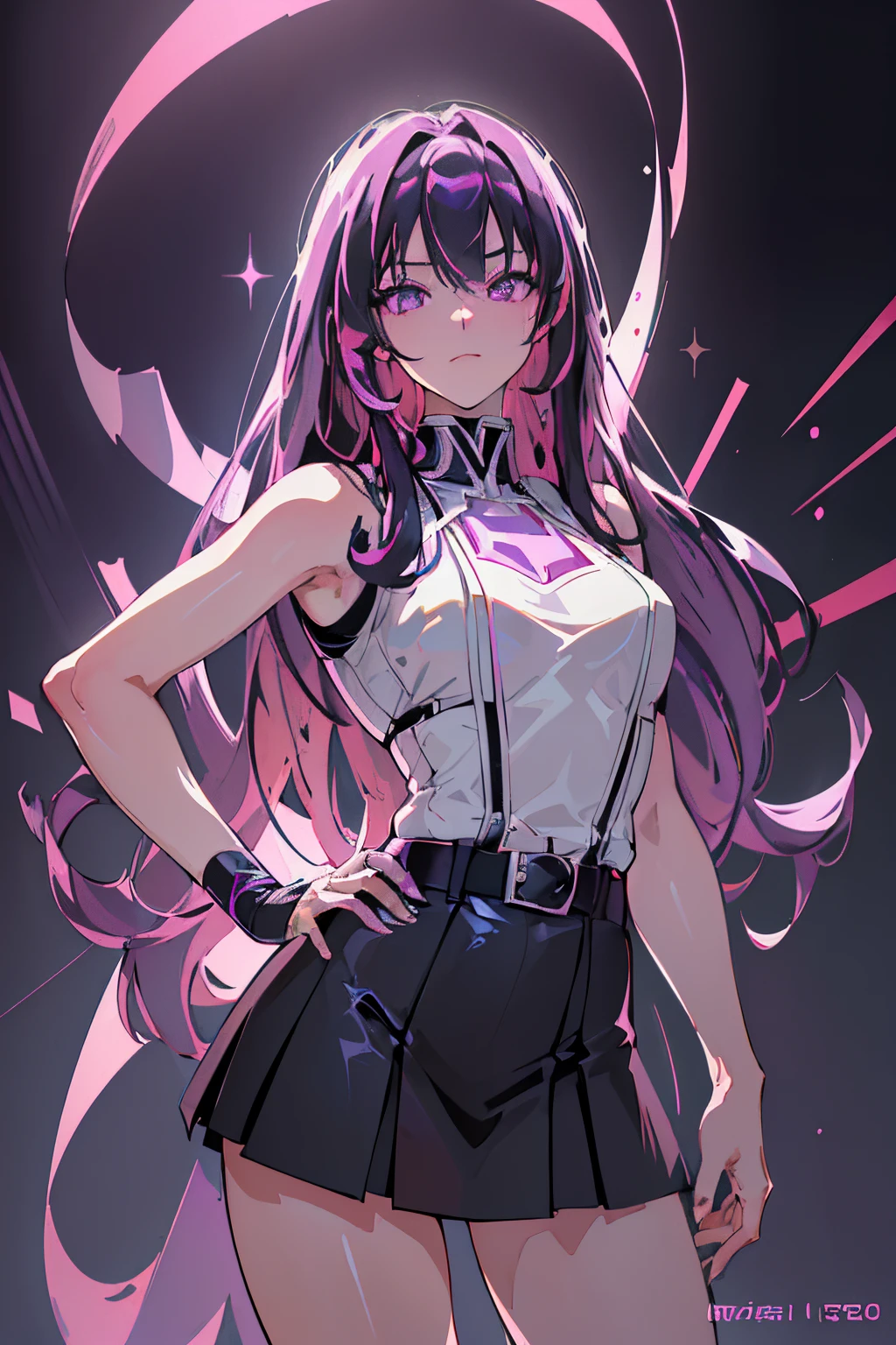 Anime, Girl, (((1girl))), Techwear, (((Deep Violet Hair, Long Hair))), ((Vibrant Light Purple Eyes eyes:1.3, Upturned Eyes: 1, Perfect Eyes, Beautiful Detailed Eyes, Gradient eyes: 1, Finely Detailed Beautiful Eyes: 1, Symmetrical Eyes: 1, Big Highlight On Eyes: 1.2)), ((Fat)), (((Lustrous Skin: 1.5, Bright Skin: 1.5, Skin Fair, Shiny Skin, Very Shiny Skin, Shiny Body, Plastic Glitter Skin, Exaggerated Shiny Skin, Illuminated Skin))), (Detailed Body, (Detailed Face)), Young, Idol Pose, (Best Quality), Cyberpunk Jacket, Loose T-Shirt, Loose Skirt, Stockings, Garterbelt, Modest Clothing, Skin Covered, Cute Disposition, High Resolution, Sharp Focus, Ultra Detailed, Extremely Detailed, Extremely High Quality Artwork, (Realistic, Photorealistic: 1.37), 8k_Wallpaper, (Extremely Detailed CG 8k), (Very Fine 8K CG), ((Hyper Super Ultra Detailed Perfect Piece)), (((Flawlessmasterpiece))), Illustration, Vibrant Colors, (Intricate), High Contrast, Selective Lighting, Double Exposure, HDR (High Dynamic Range), Post-processing, Background Blur