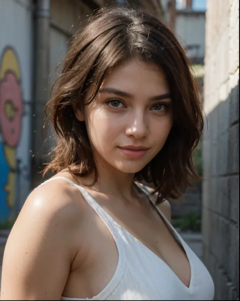 Cute beautiful sexy European light-green-eyed brunette, 22 years old, 

In A Back Alley、(Super Detail)、(8K)、((Hip Hop Fashion))、(graffiti wall)、(full body Esbian)、

tiny waist, very detailed, innocent face, face-length 1.3 times the face-width, almond-shap...
